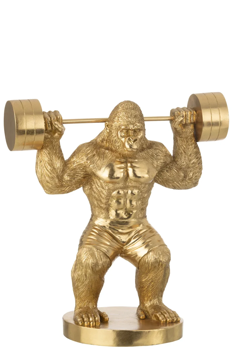 Gouden Gorilla Bodybuilder Beeld met Halter – XL Statement Beeld