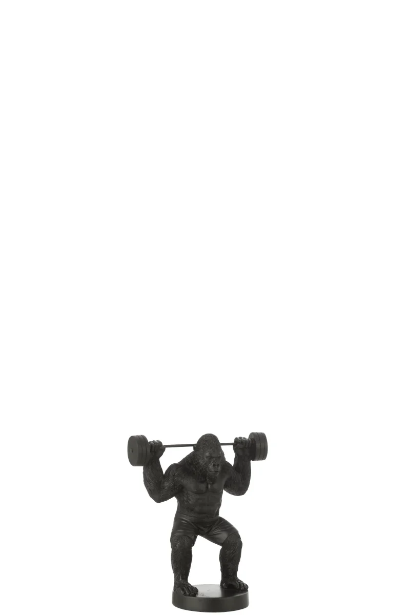 Zwarte Gorilla Bodybuilder Beeld met Halter – Statement Decoratie – 25,5 cm