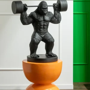 Zwarte Gorilla Bodybuilder Beeld met Halter – XL Statement Beeld
