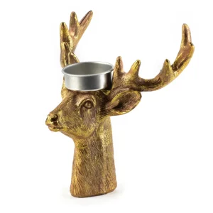 Theelichthouder Rendierkop – Goud – 14 cm – Polyresin