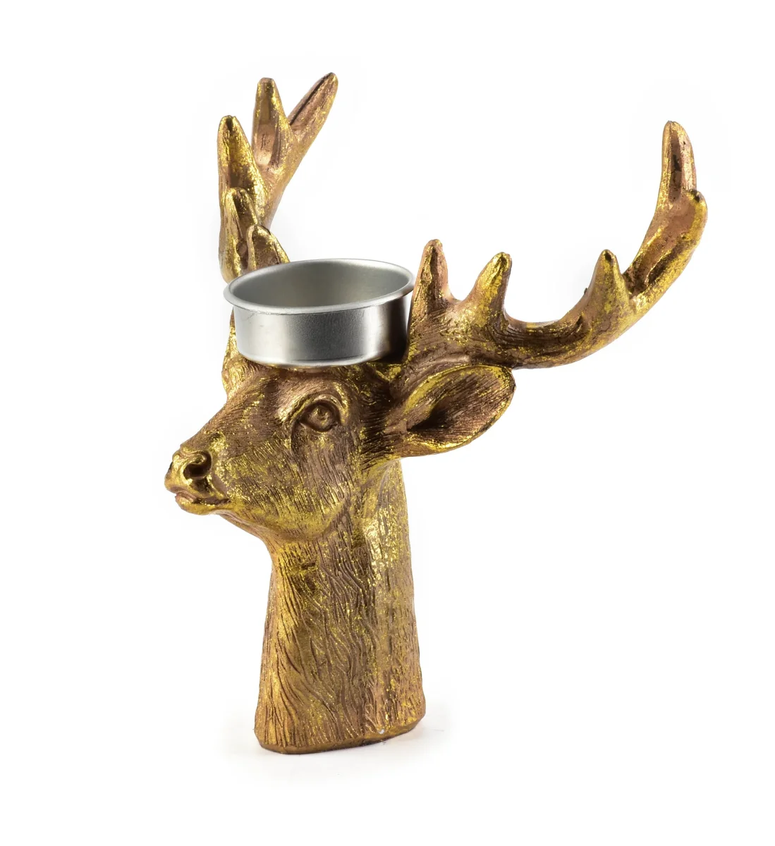 Theelichthouder Rendierkop – Goud – 14 cm – Polyresin