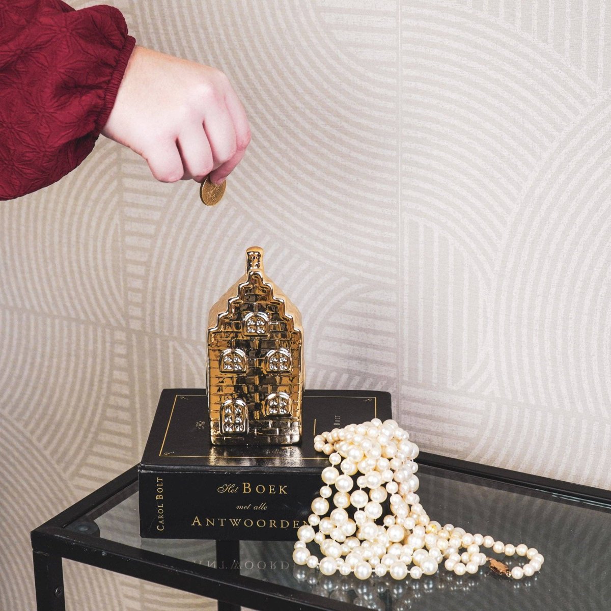 Gouden Keramiek Huisje – Spaarpot – 13 cm