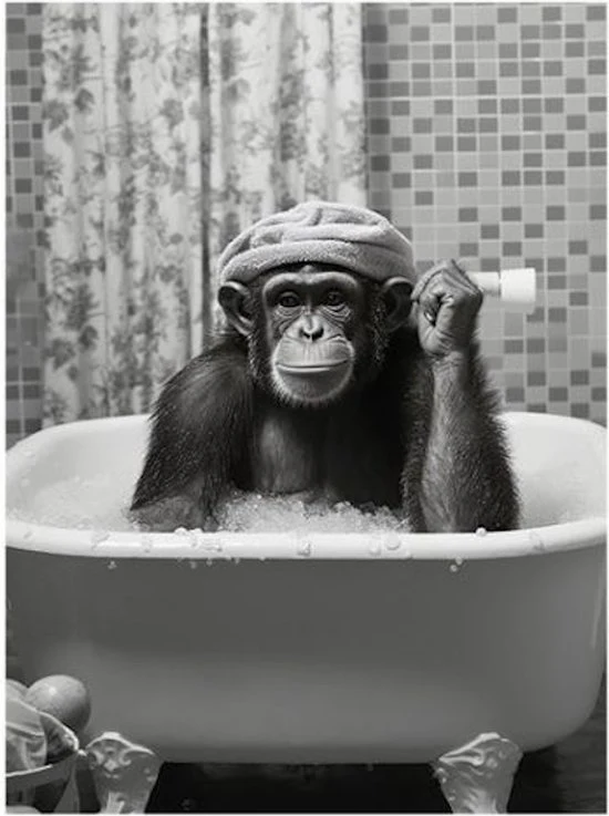 Wanddecoratie aap in bad – zwart-wit kunstprint in witte lijst – 45 × 60 cm - Afbeelding 2
